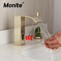 monite brushed golden bathroom automatic hands touch free sensor faucets hot cold basin sink mixer tap faucets mixers taps