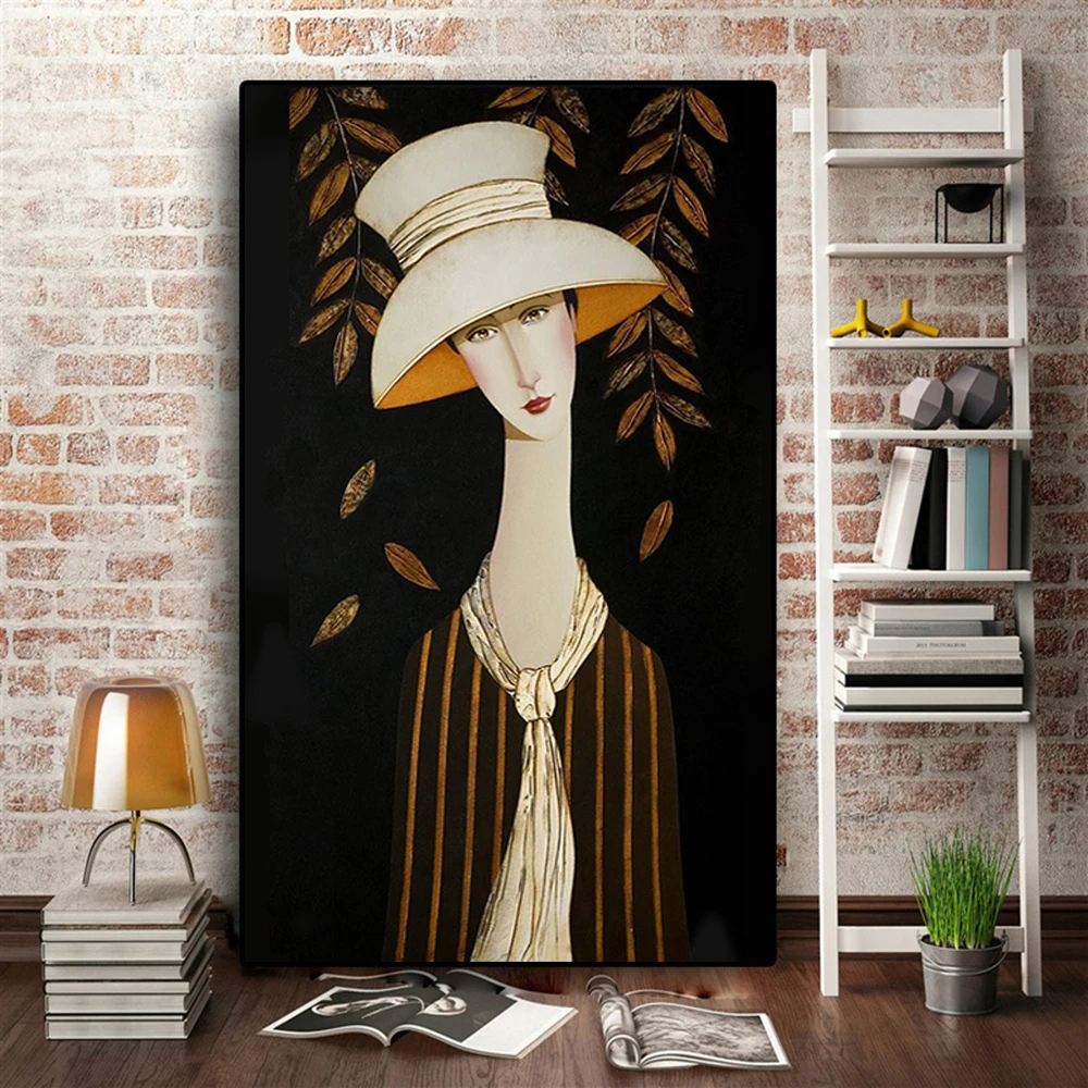 

Modern Women and Gold Leaf on BlackBackground Canvas Painting Posters and Printing Scandinavian Wall Art Picture for Living Room