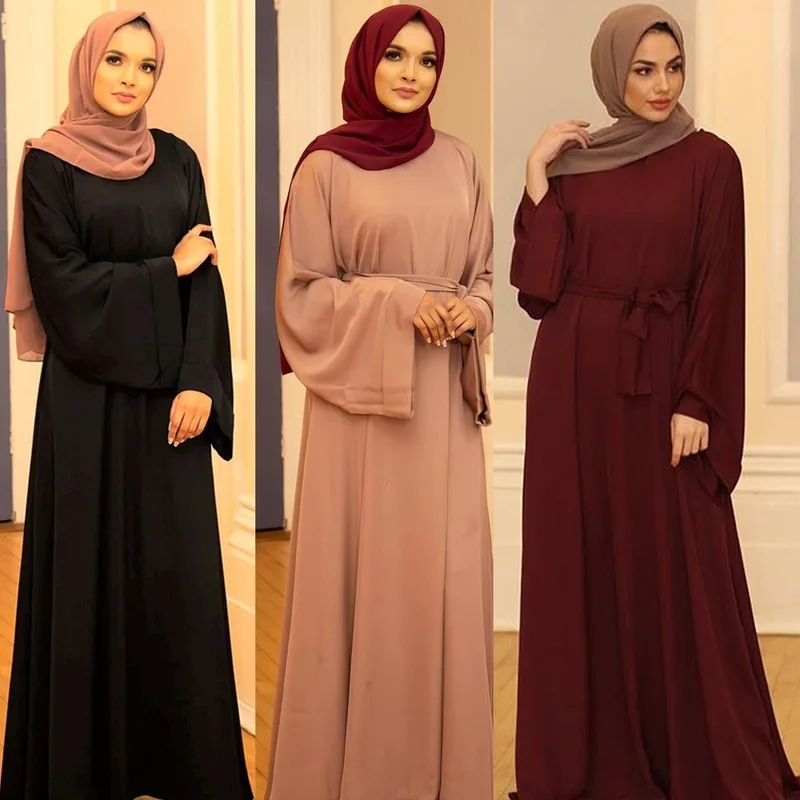 

Dress Women Muslim Fashion Loose Solid Sashes A-Line Spring Autumn Casual Long Dress Lugentolo