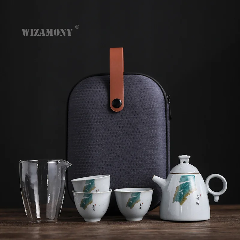 

WIZAMONY Banana Leaf Travel Tea a Pot of Three Portable Teapot gong dao bei Ceramic Kung Fu Tea xiao tao zhuang