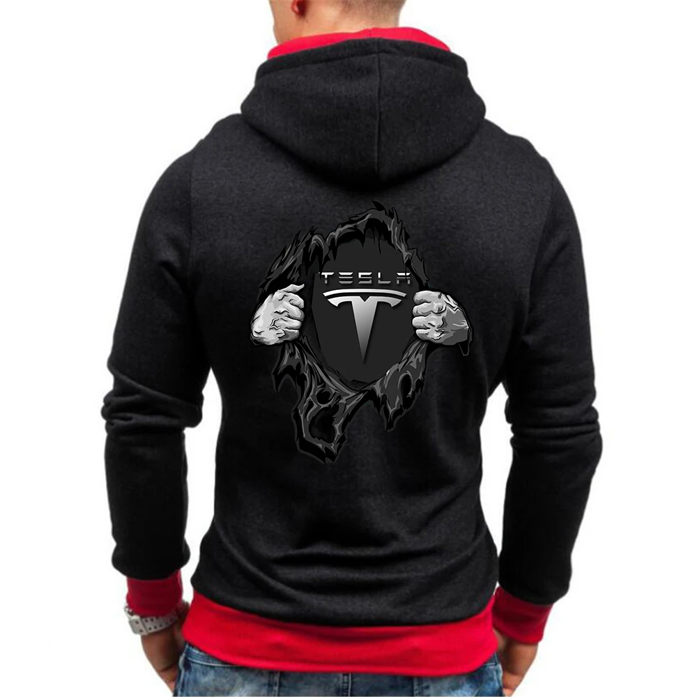 

Mens Hoodies 2021 winter Mens Casual Hoodies Tesla Car Logo Printed Zipper Streetwear Harajuku Popular Hooded Sweatshirt