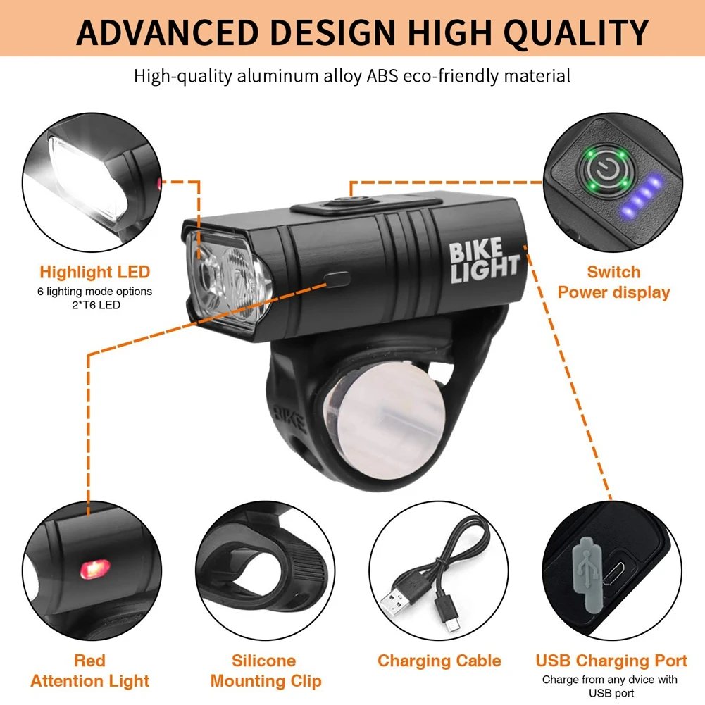 

2pcs T6 LED MTB Bike Headlight Waterproof Taillight Bike Front Headlight Rear Taillight Bicycle Flashlight Warning Lights