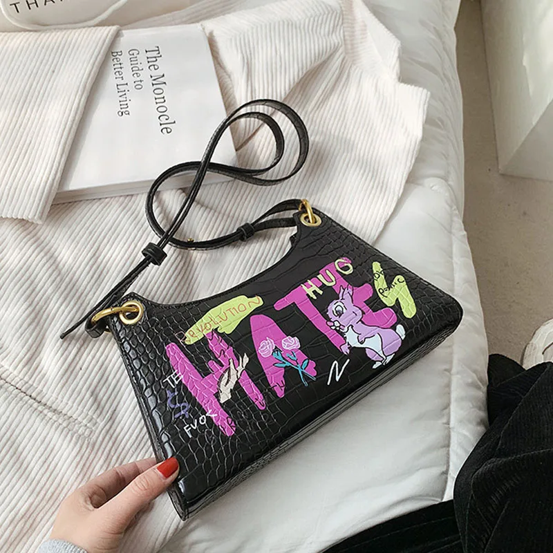 

Graffiti PU Leather Small Shoulder Underarm Bags For Women 2021 Luxury Shoulder Handbags Female Travel Totes Lady Crossbody Bags