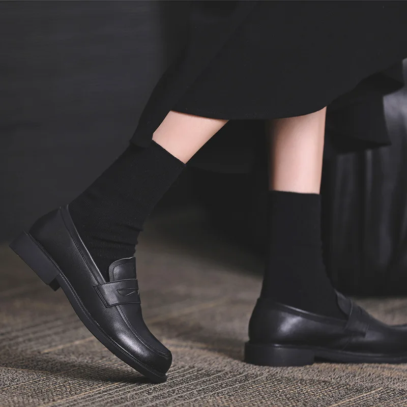 

Full Genunie Leather British Style Black Women Shoes Cowhide Round Toe Slip-On Lazy Loafers Spring New Flats Low Heel 2.5cm
