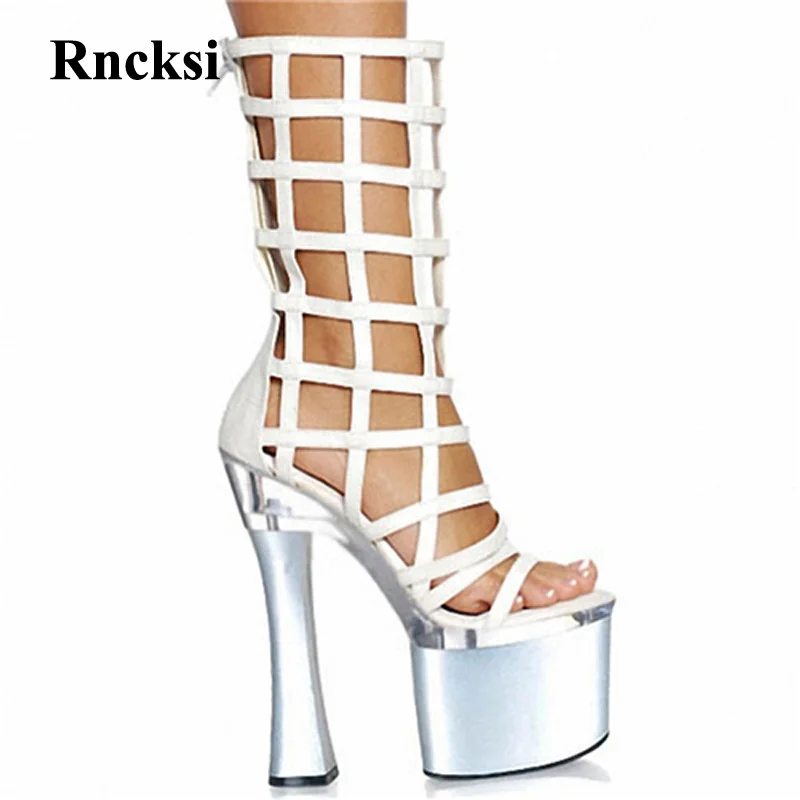 

Rncksi женские вечерние 18 см высокие каблуки, толстые корни, молния, шест танцы сапоги, 7 дюймов сексуальные, серебряные высокие сапоги для женщ...