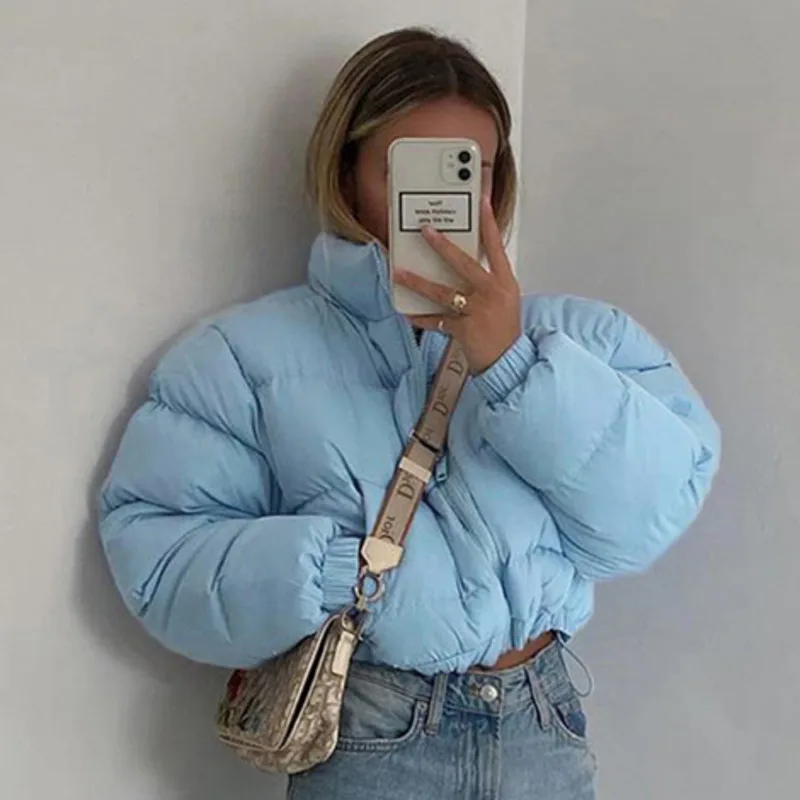 Women Short Puffer Jacket Cotton-Padded Thick Drawstring Parkas Zipper Winter Bubble Basic Jacket Bomber Coat Warm Casual Outfit