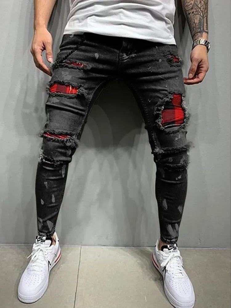 3 Styles Men Ripped Skinny Biker Embroidery Print Jeans Destroyed Hole Taped Slim Fit Stretchy Denim Scratched High Quality Jean
