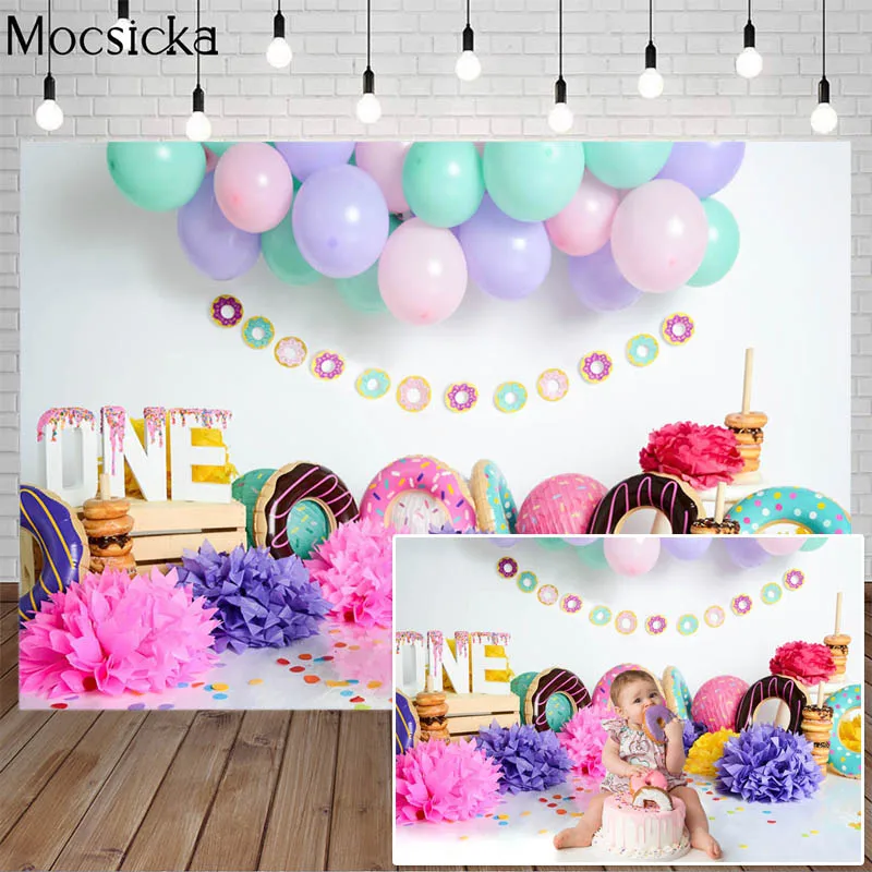 Sweet Donuts Theme Photography Background Children Birthday Cake Smash Backdrops Balloons Banners Props Wallpaper Photo Studio