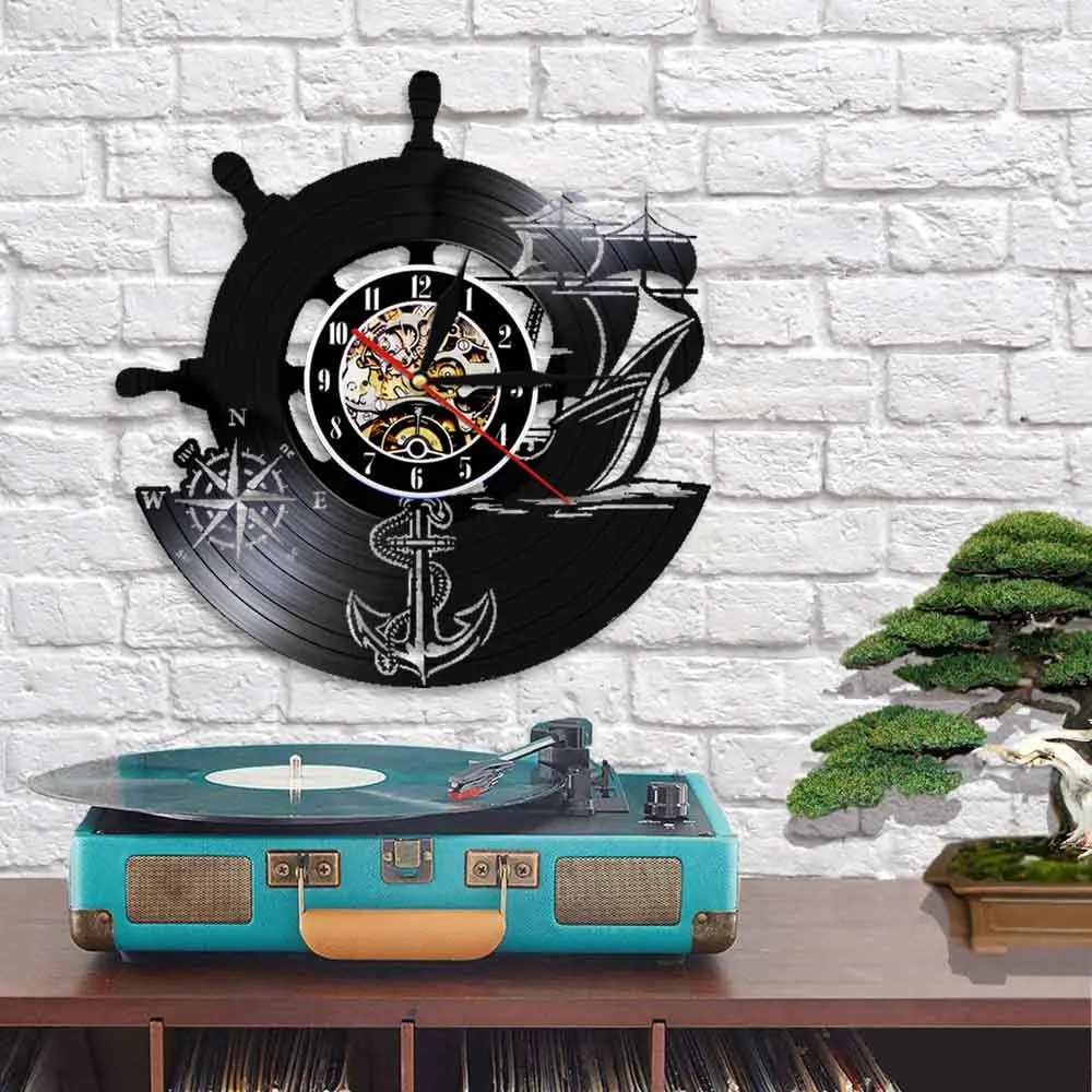 Настенные часы с винтажным якорем виниловыми пластинами Сейлор Морской Компас