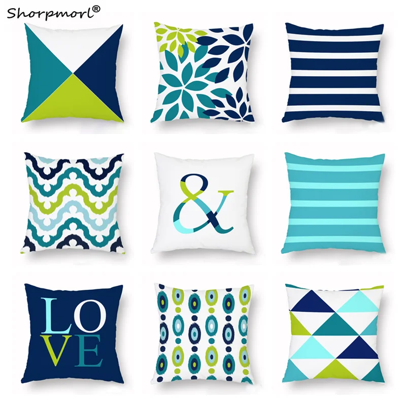 

45x45cm Nordic Blue Green Geometric Pillow Case Home Decor Polyester Sofa Car Seat Throw Pillow Cushion Covers Invisable Zipper