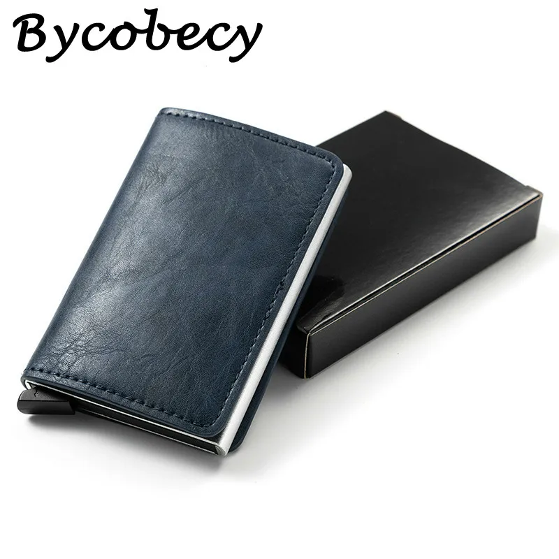 

Мужской кошелек Bycobecy с RFID-защитой, винтажный минималистичный кошелек из искусственной кожи, металлический алюминиевый тонкий мини-кошелек ...