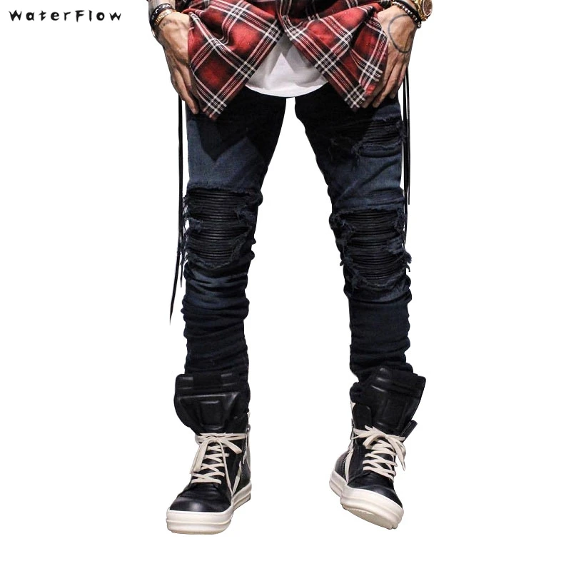 Stretch Black Blue Fashion Pleated Hip Hop Denim Pant New Men Skinny Ripped Biker Jeans Joggers Destroyed Holes Pants plus size | Мужская