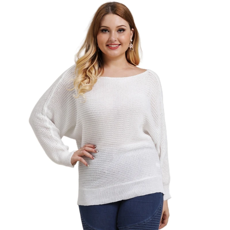 

Women Autumn Plus Size Batwing Long Sleeve Sweater Wide Round Neck Knitted Pullover Tops Solid Color Casual Loose Rib Trim H05D
