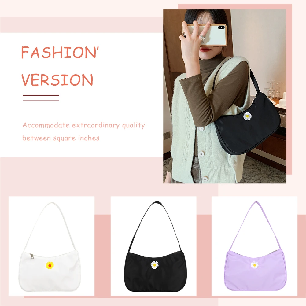 

Korean Fashion Women Shoulder Bags Daisy Flower Design Nylon Top-handle Handbag Lady Armpit Bag Hobo Travel Daily Clutch Purse