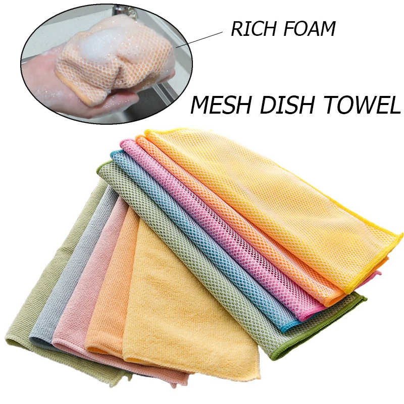 

Solid Super Absorbent Dishcloth Solid Color Cleaning Cloth Rags 1PC Double Layer Mesh Dish Towel Household Kitchen Supplies