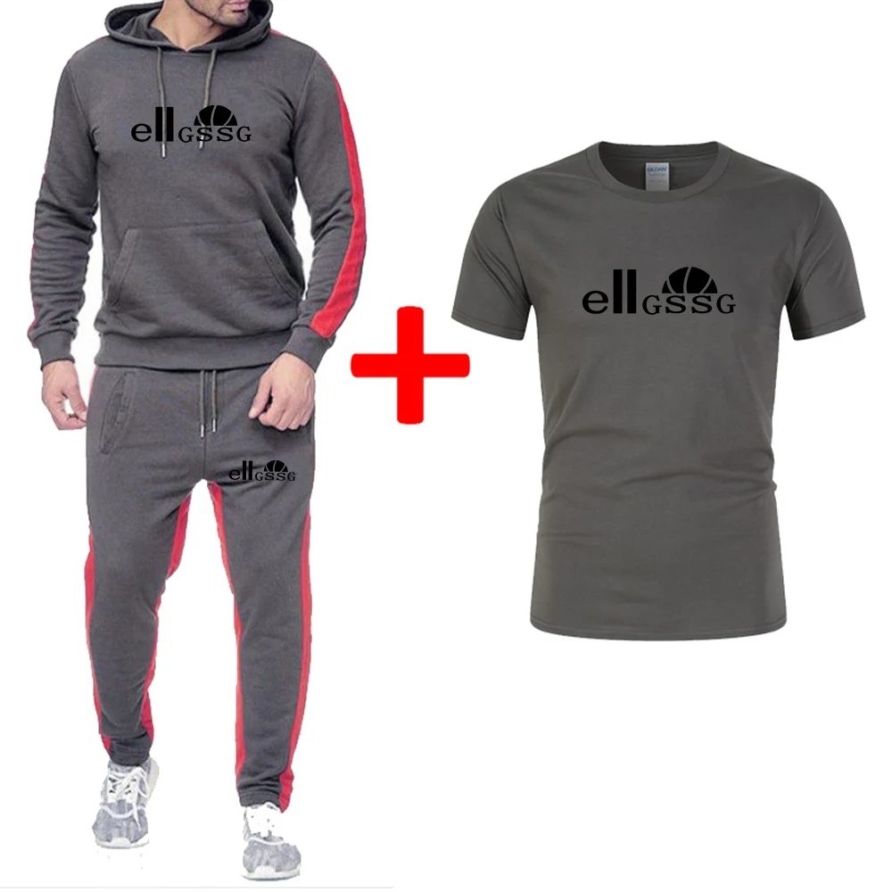 

2021 fashion men's casual sportswear sportswear hoodie + short-sleeved T-shirt + pants tie rope three-piece pure color simple