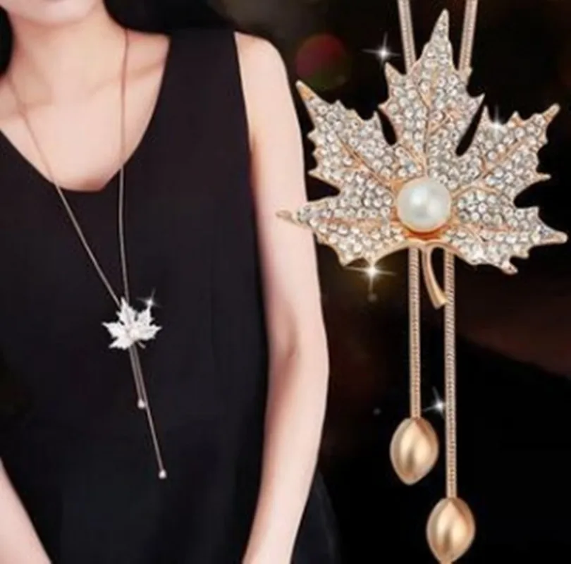 Женская Длинная цепочка с подвеской в виде кленового листа | Украшения и