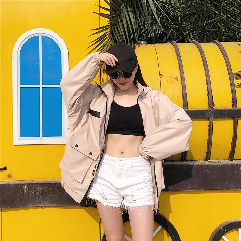 Куртка женская весна и осень Корейская версия оснастки Harajuku Свободная куртка Студенческая с капюшоном порт ветер бейсбол одежда
