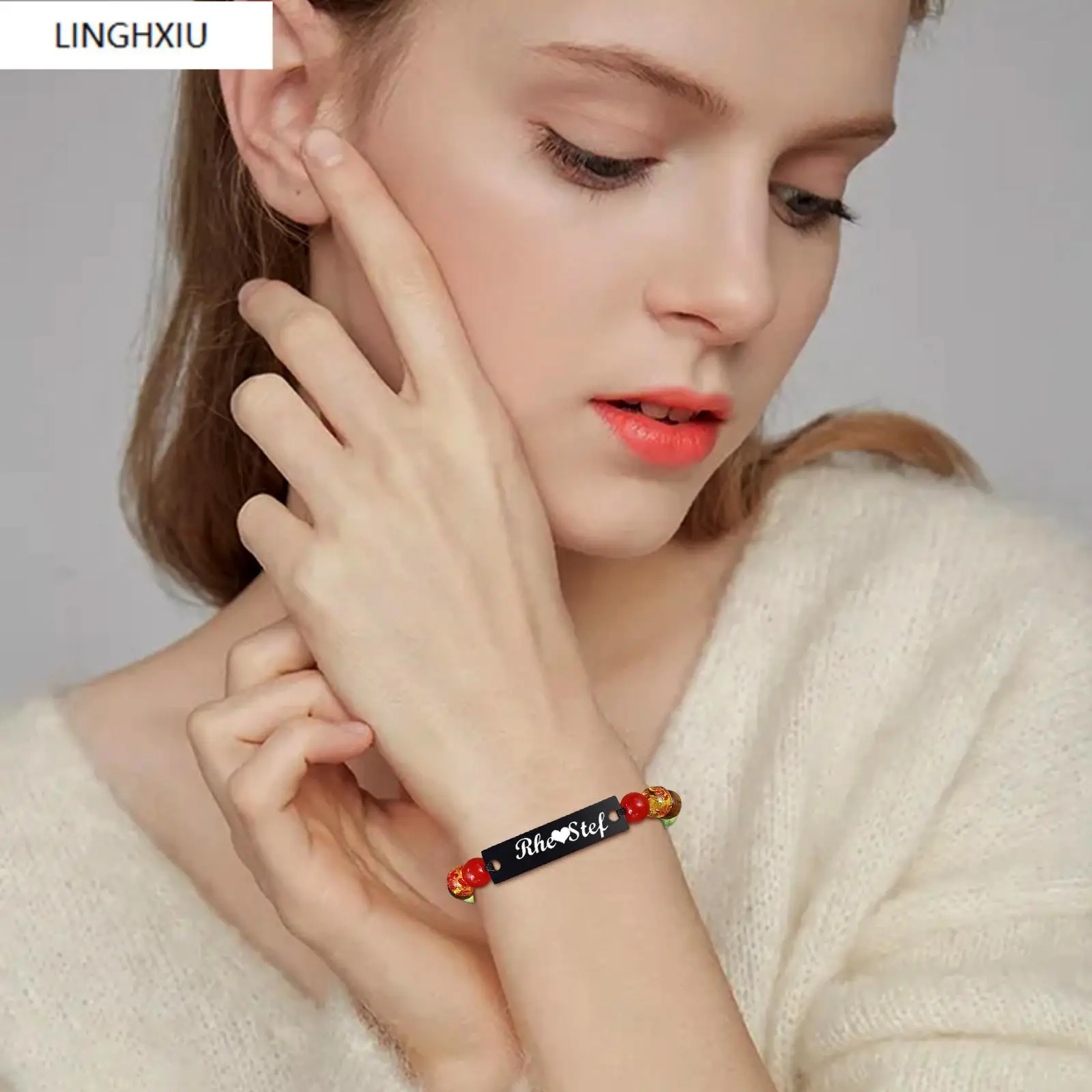 

Custom ID Bracelet with Beaded Chain Adjustable Wristbands Personalized Love Unisex Gift