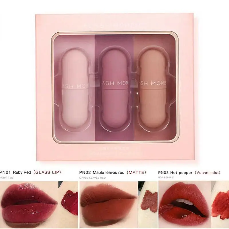Мини капсула для губ глазурь зеркало матовый бархат 3 цвета набор глазури