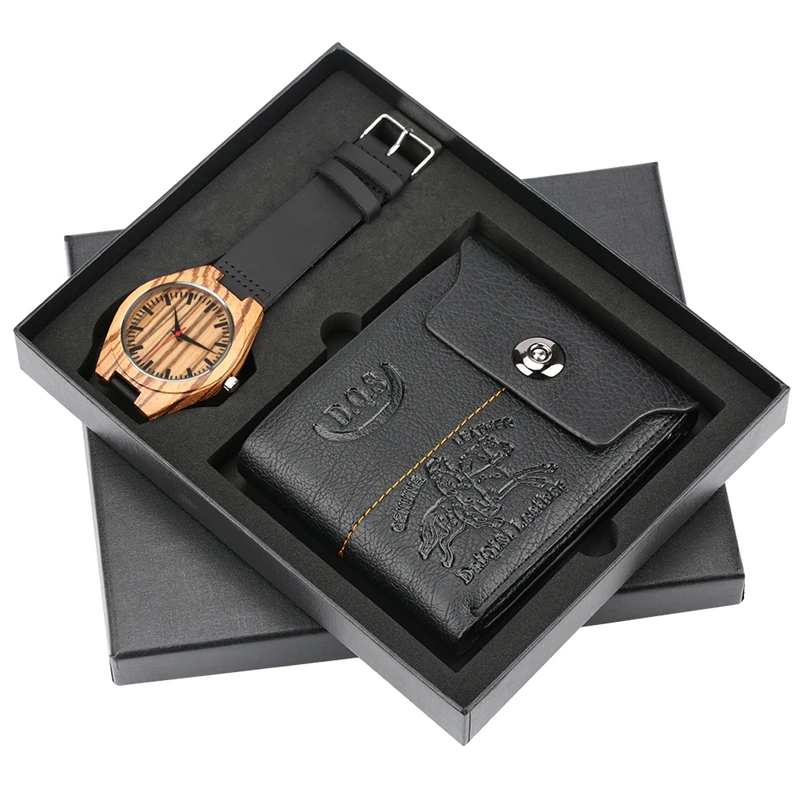 Деревянные часы бамбуковые мужской роскошный двойной бумажник из воловьей кожи