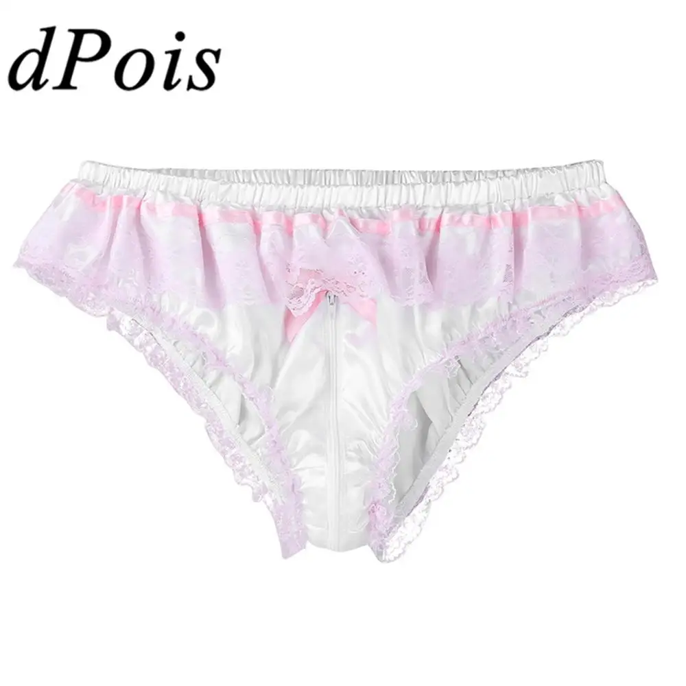 

Mens Sissy Panties Shiny Lingerie Sexy Hommes Briefs Ruffled Floral Lace Zipper Crotch High Cut Gay Male Bikini Briefs Underwear