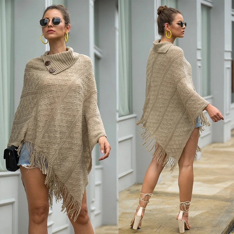 

Women Lapel Buttons Poncho Cape Solid Color Knitted Diamond Plaid Shawl Scarf Fringe Tassels Pullover Batwing Sweater
