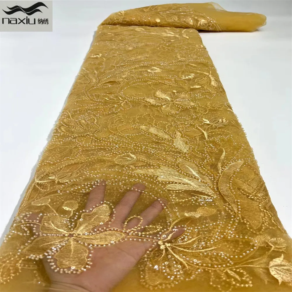 

Madison Nigerian Mesh Lace Fabric Embroiderey Handmade Beads Lace Fabric for Wedding Party French Beaded Tulle Laces Fabric