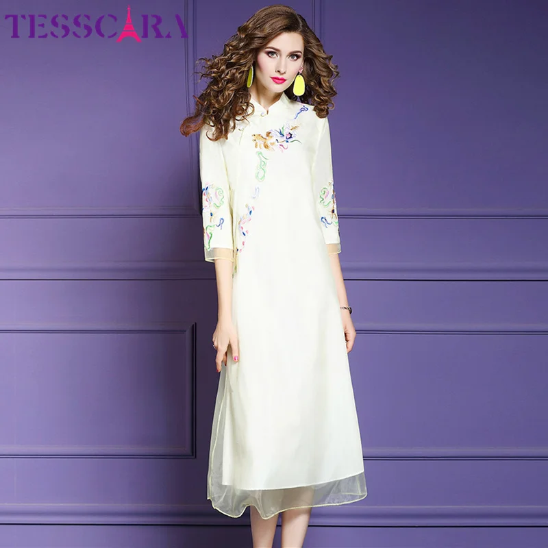 Floral TESSCARA женское осеннее шифоновое платье с вышивкой женское элегантное китайское стильное платье Femme дизайнерское высококачественное Повседневное платье - Цвет: Floral