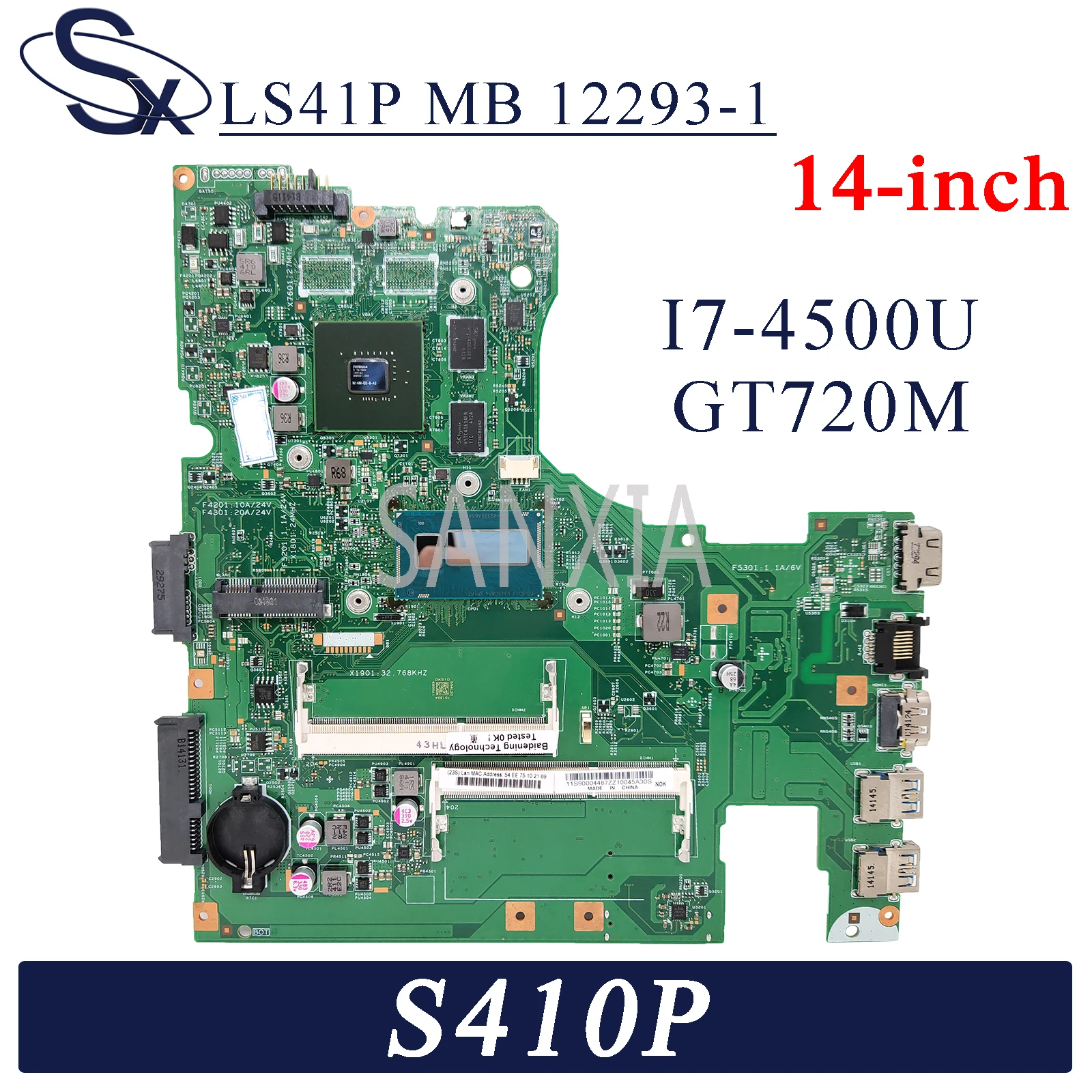 

KEFU 12293-1 Laptop motherboard for Lenovo Ideapad S410P original mainboard I7-4500U GT720M