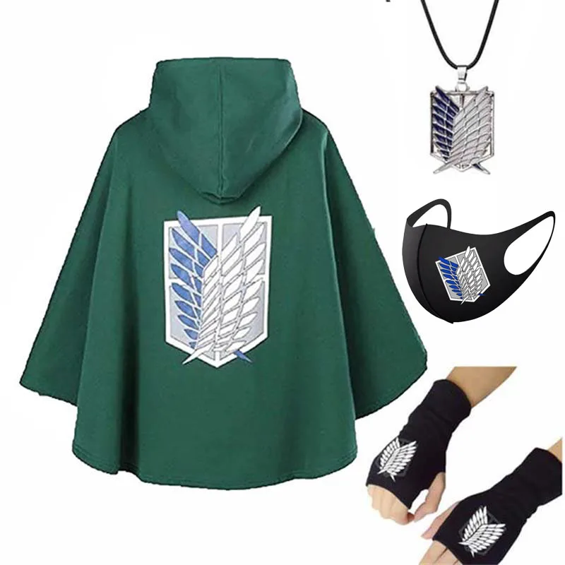 

Japanese Hoodie Attack On Titan Green Cloak Gloves Shingek No Kyojin Scouting Legion Costume Cosplay Black Cape For KId Adult