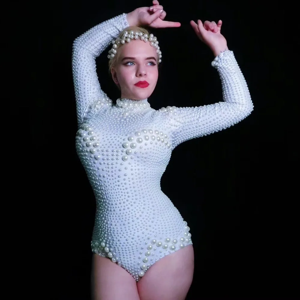 

Sexy Design White Pearls Stretch Leotard Women's Dance Bodysuit Prom Celebrate Outfit Bar Nightclub Women Dancer Outfit