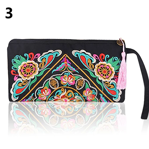

Women Handbag Purse Retro Embroidered Phone Coin Storage Zipper Bag with Tassel