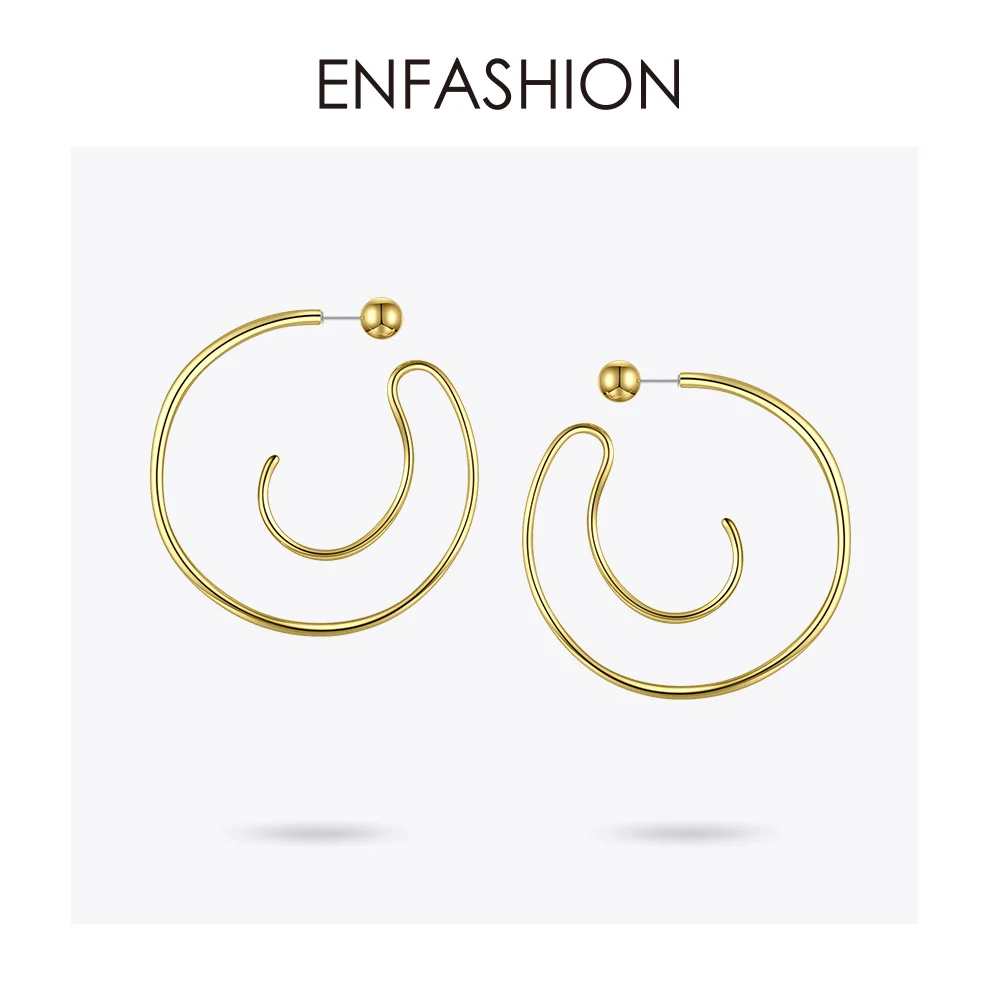 ENFASHION, большой круг обруч, серьги для женщин, аксессуары, золотой цвет, массивные шарики, кривые обручи, серьги, модное ювелирное изделие E191122