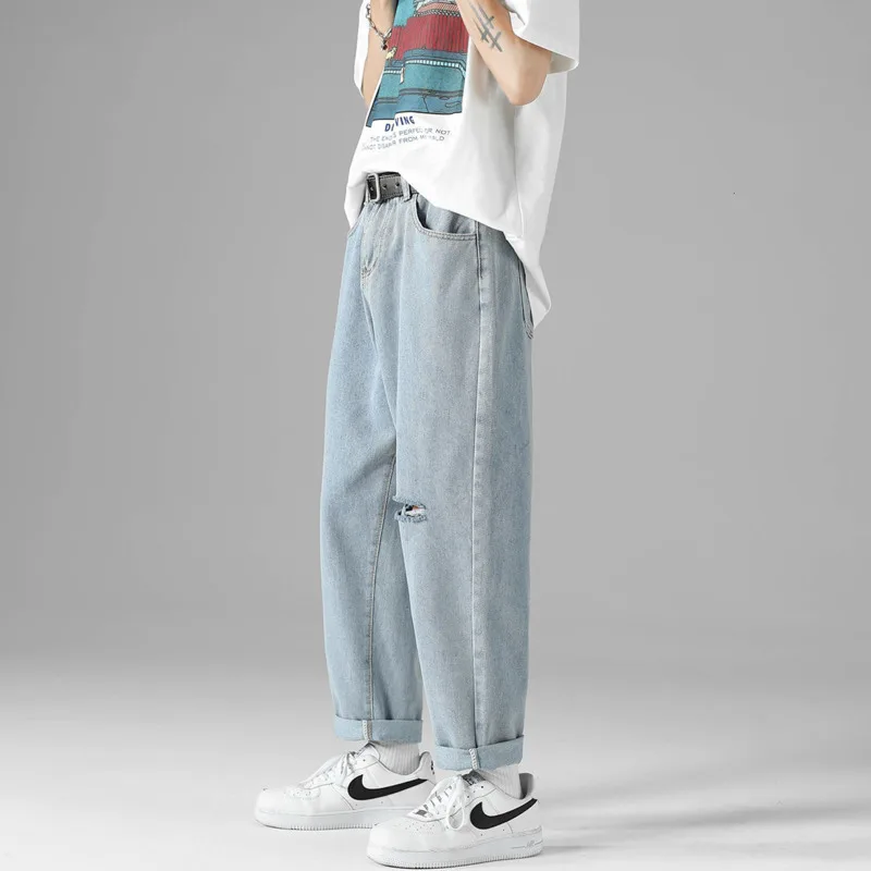 

Рваные джинсы мужские корейские повседневные джинсы мужская мода свободные прямые джинсы Мужская Уличная одежда большого размера хип-хоп ...