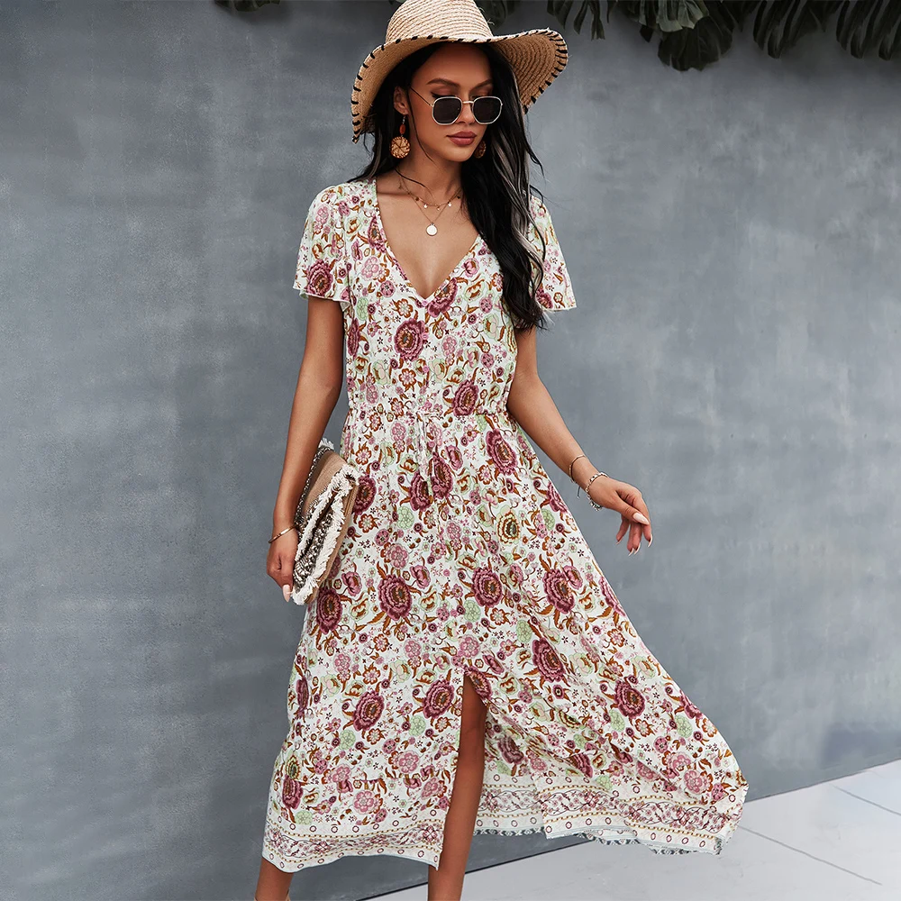 

Bohemian Style Short Sleeve Print Sexy V-neck Women Dress Summer Irregular Stitching Casual Party Holiday Beach Dress