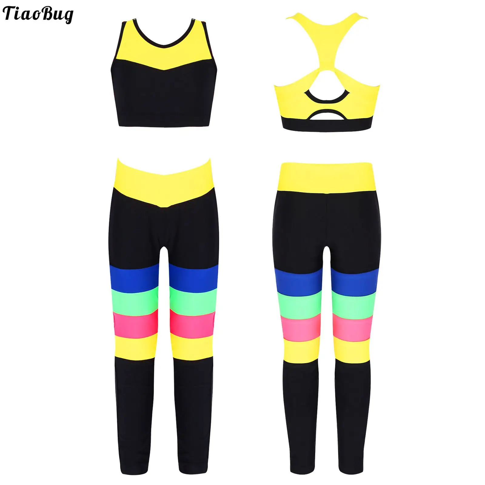 

TiaoBug Summer Kids Girls 2Pcs Sport Suit Round Neck Sleeveless Keyhole Back Color Block Stripes Cropped Tops And Pants Set