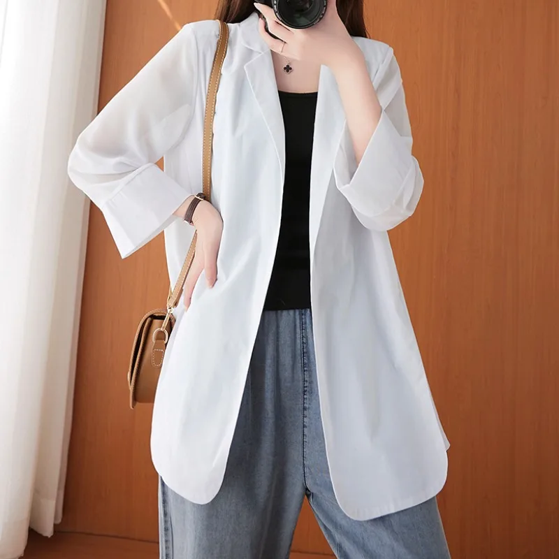 

#5201 Summer Black White Chiffon Blazer Women Loose Thin Plus Size See Through Blazer For Women Flare Sleeved Suit Jacket Female
