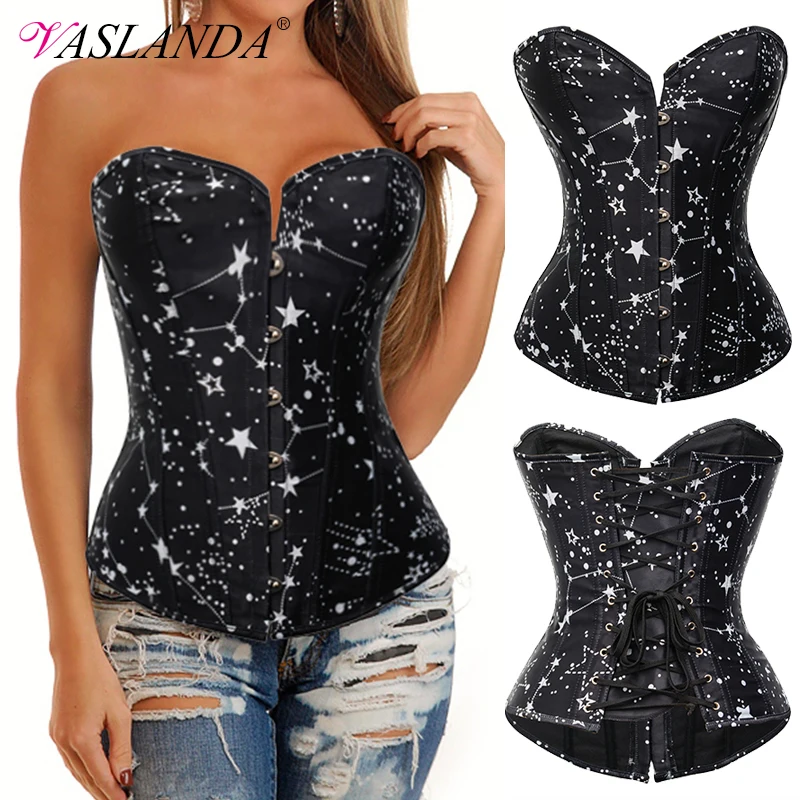 

Bustiers & Corsets Stars Printed Gothic Overbust Corset Lace Up Boned Waist Cincher Bustier Top Vintage Retro Steampunk Corselet