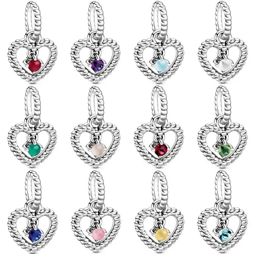 

DIY Charm Month Signature Birthstone Beaded Heart Crystal Pendant 925 Sterling Silver Bead Fit Fashion Bracelet Trendy Jewelry