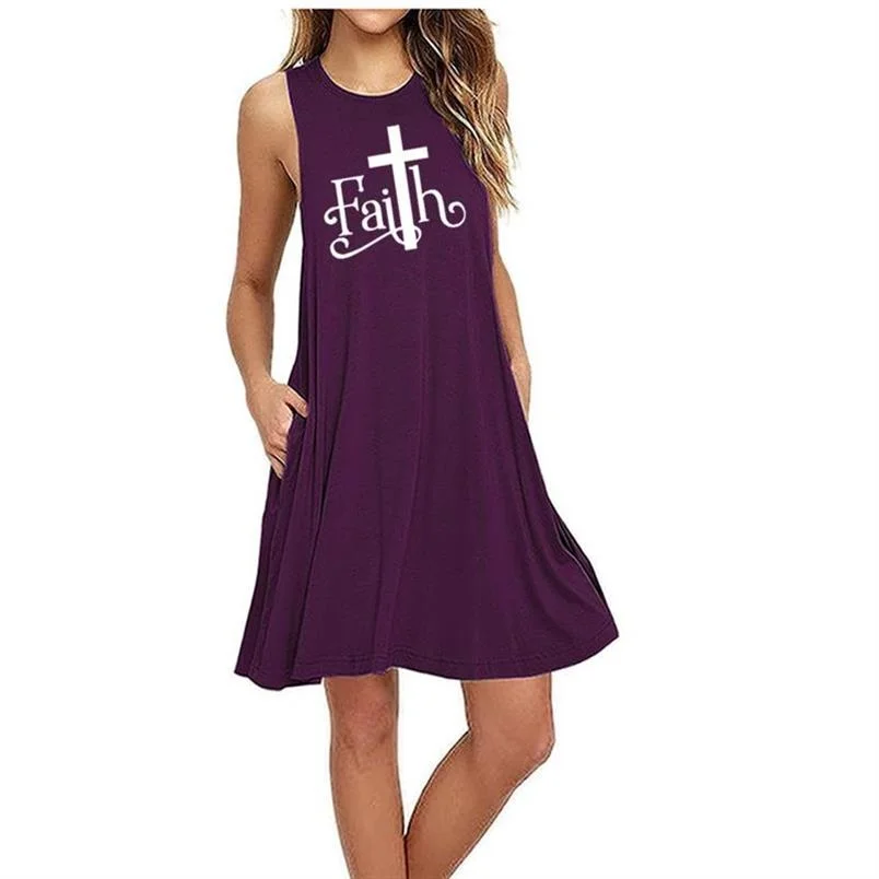 

FAITH Cross Letter Print Sleeveless Dress Harajuku Summer Women O-neck Vintage Dress Clothing Fashion Women Loose Pullover Dress