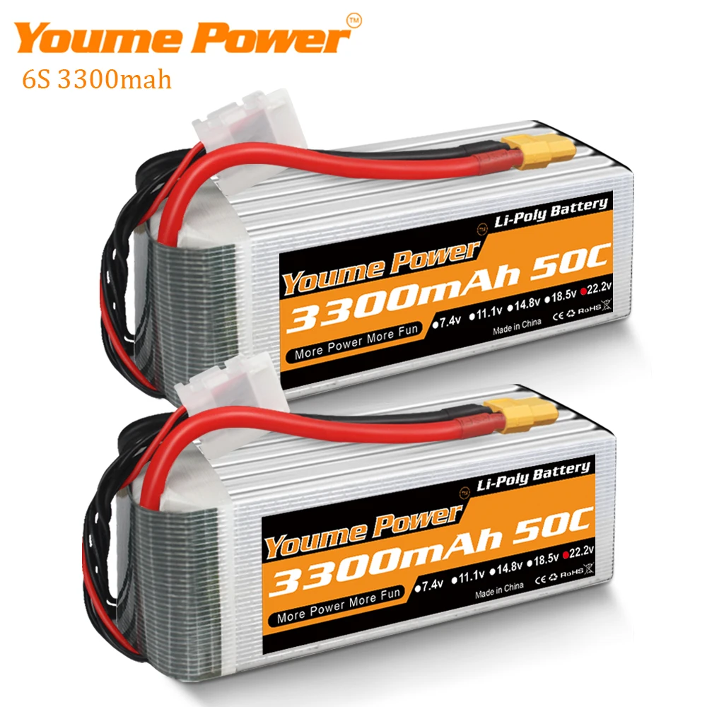 

2PCS Youme 6S LiPo Battery 22.2V 3300mAh Drone Battery 50C XT60 Deans EC5 Plug for RC SAB Helicopter Quadcopter Drone Car Boat