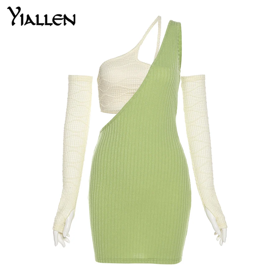 

Yiallen Summer Sexy Hollow Out Slim One shoulder Dress Women Fashion Patchwork Sleeveless Clothing Knitting Lady Mini Dresse