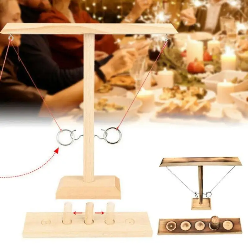 

Wooden Hook and Ring Toss Bottle Game Tabletop Toys for Adults Kids