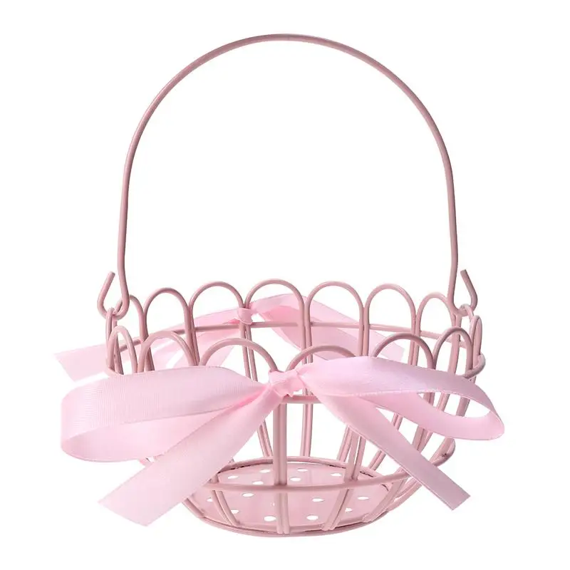 1 шт. корзина для цветов с бантом красивая розовая металлическая круглая хранения