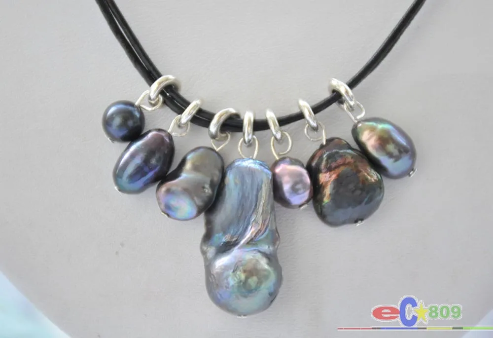 P5096, 2 ряда, 19 дюймов, 28 мм, черная подвеска реборн Кеши в стиле барокко, черная кожаная цепочка