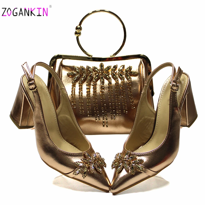 Квадратный каблук новый дизайн комплект из обуви и сумки цвета шампанского хит