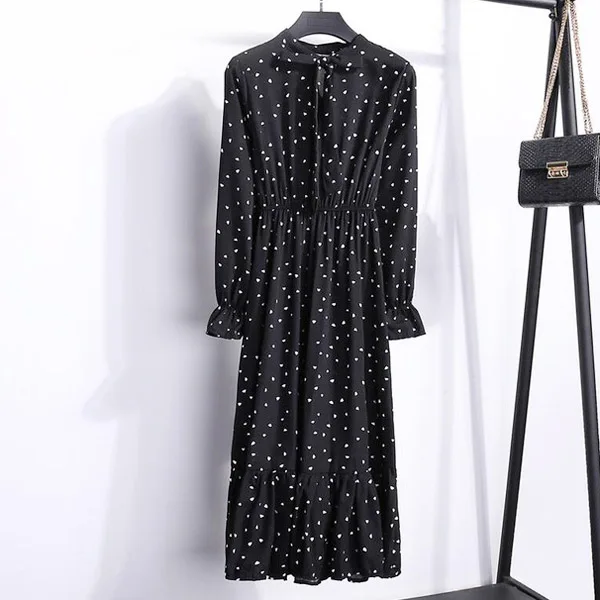 TS8010 A-23 Корейская черная рубашка Vestidos для офиса в горошек, винтажные осенние платья, Женское зимнее платье, миди платье с цветочным рисунком и длинным рукавом для женщин - Цвет: TS8010 A-23