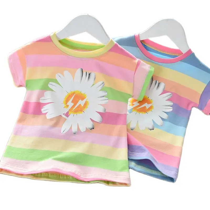 

Полосатая футболка для девочек, новинка 2021, корейская модная детская Универсальная футболка с короткими рукавами и маргариткой, P4273