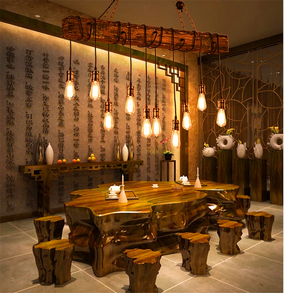 Винтажный подвесной светильник в стиле индастриал деревянный потолочный лофт